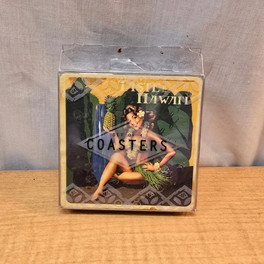 Hawaiian 4 pack Coasters VTG Coconut, Pineapple, Garry‎ Palm Poster Girl